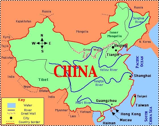 中国地图与河流和山脉
