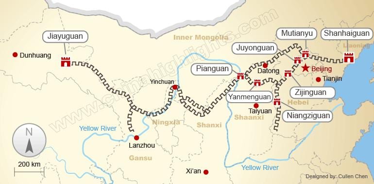 中国的长城在地图上